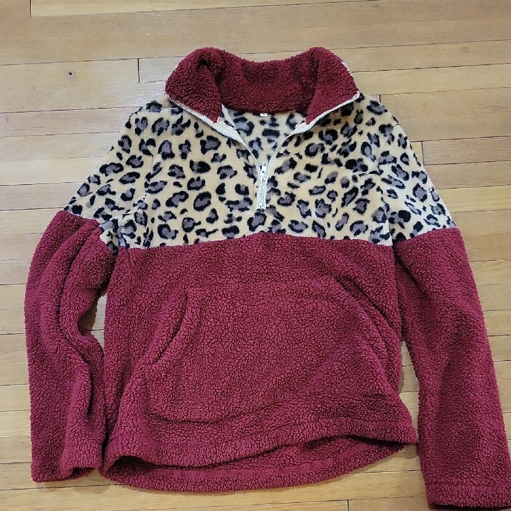 Leopard Print and Burgundy Fleece Pullover